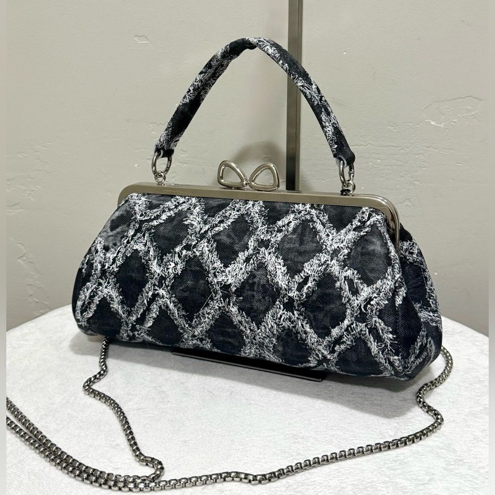 Genuine Leather Denim Quilted Pattern, Handmade Unique Bow Kisslock Baguette Bag